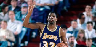 Magic Johnson playing for the Los Angeles Lakers