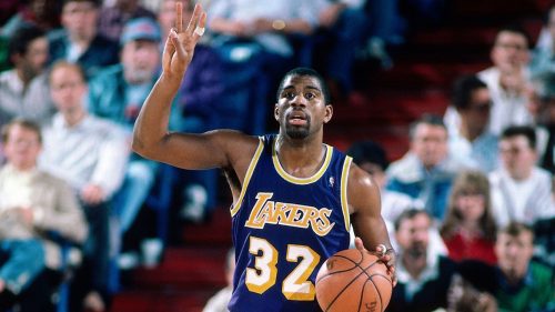 Magic Johnson playing for the Los Angeles Lakers