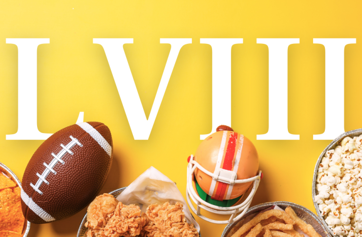 "LVIII" over a yellow background with various images of Super Bowl decorations and snacks