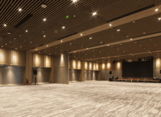 Corporate Event Trends 2026: 5 Takeaways from PCMA Empty corporate event ballroom with stage and presentation screen