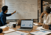 Measuring Meeting Outcomes: How Speaker Selection Drives ROI Business team reviewing meeting outcomes and ROI metrics together
