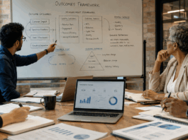 Measuring Meeting Outcomes: How Speaker Selection Drives ROI Business team reviewing meeting outcomes and ROI metrics together