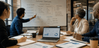 Business team reviewing meeting outcomes and ROI metrics together