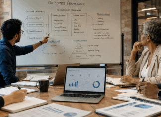 Measuring Meeting Outcomes: How Speaker Selection Drives ROI Business team reviewing meeting outcomes and ROI metrics together