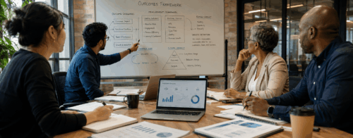 Business team reviewing meeting outcomes and ROI metrics together