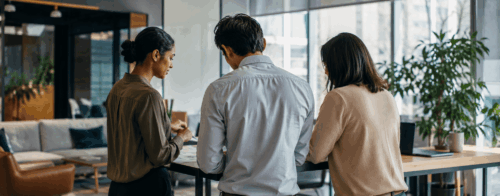 Three business professionals engaged in earnest discussion about organizational strategy in a modern office environment