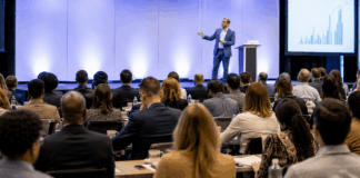 Professional event setting with engaged audience listening to a speaker on stage, representing the high stakes and importance of speaker selection and customization.